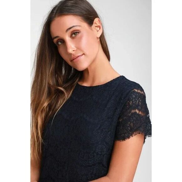 LULUS Take Me to Brunch Navy Blue Lace Shift Mini Cocktail Dress Size XS - Picture 4 of 11